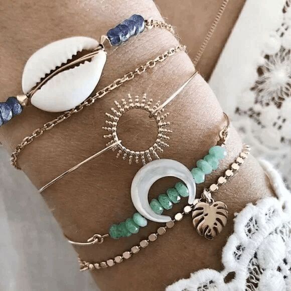 2/$21 Ladies Trendy Moon Sun Seashell Bracelet Set - Picture 1 of 7